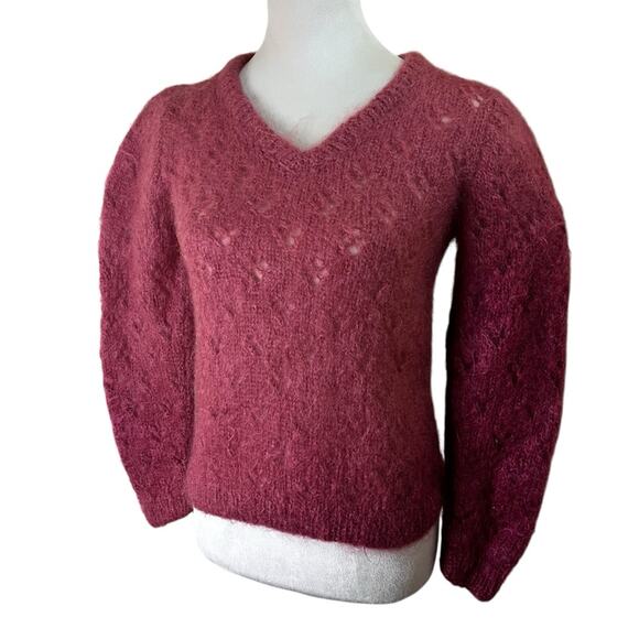 Hand Knit Mohair Lacy Fuzzy Eyelet Sweater – Dusty Rose – Small | Vintage 80’s - Picture 3 of 8